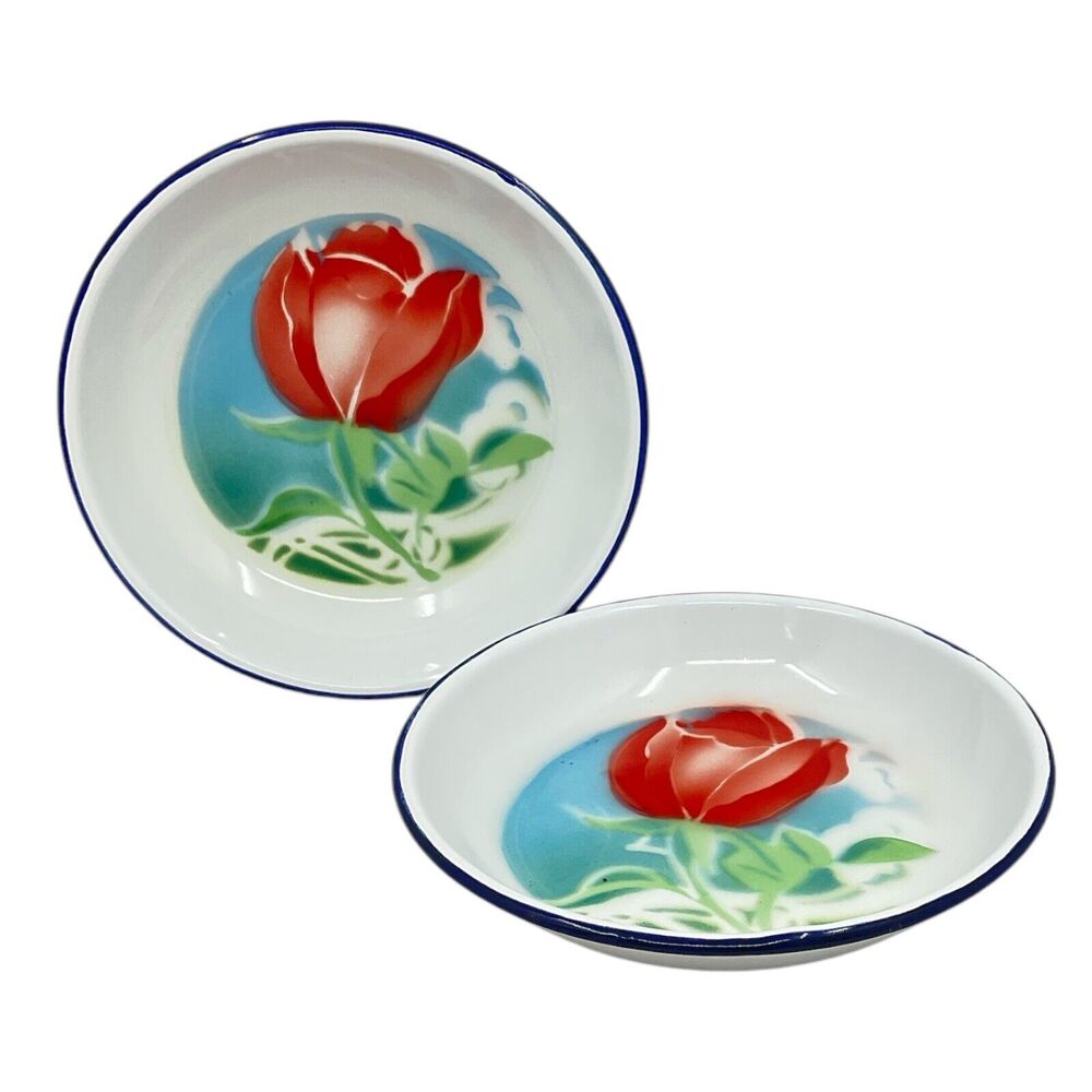 Bumper‎ Harvest Floral Enamelware Dish Blue Rim Red Tulip Flower 1950s Retro